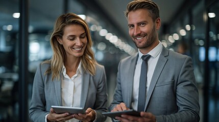 Fototapeta premium Two business professionals reviewing data on tablet in modern office. Corporate teamwork, digital collaboration, and business success concept.