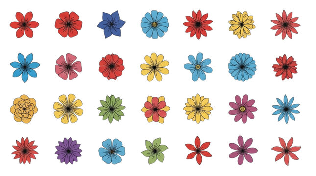 Various Flowers 2D AutoCAD Style Vector Set, Technical Line Drawing Floral Collection, Clean CAD Outline Botanical Illustrations Isolated on White