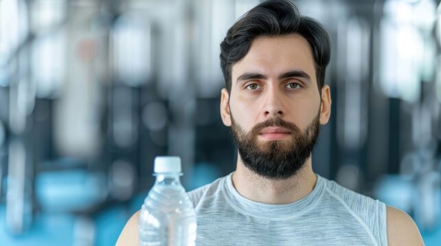 Portrait of a fit man with a beard holding a water bottle for hyd n after a workout in a blurred gym environment emphasizing health and recovery