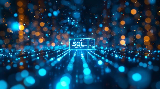 Digital cube displays SQL text amidst glowing blue and orange bokeh lights. Light rays converge toward cube on futuristic grid floor. Abstract tech background suggests database, programming