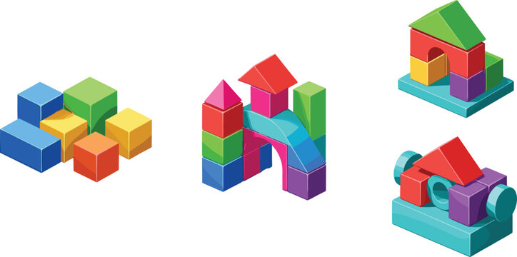 Colorful building block constructions including house, bridge and vehicle, creative toy bricks in isometric style isolated on white background vector illustration set