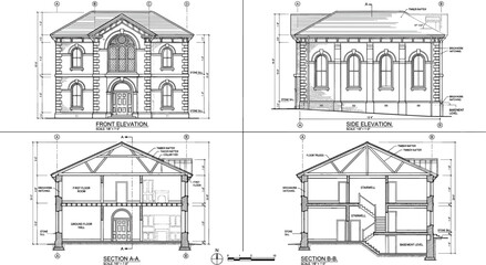 Obraz premium Detailed House Architectural Drawings with Front Elevation, Side Elevation, and Section Views for Construction and Engineering Design