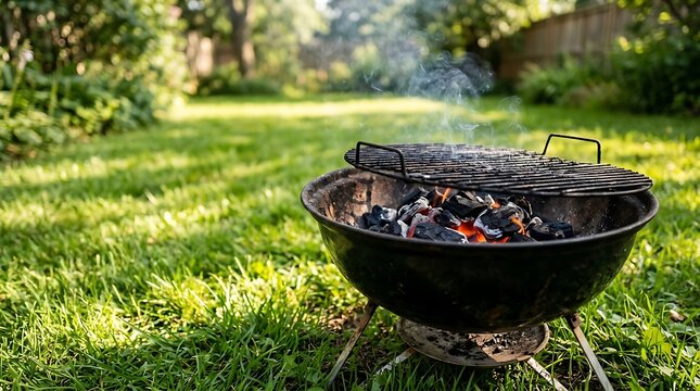 Smoking charcoal grill on lush green lawn with natural sunlight and summer ambiance for outdoor cooking
