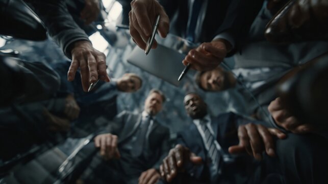 Business team joining hands in circle from above. Teamwork, unity, collaboration, and corporate partnership concept.