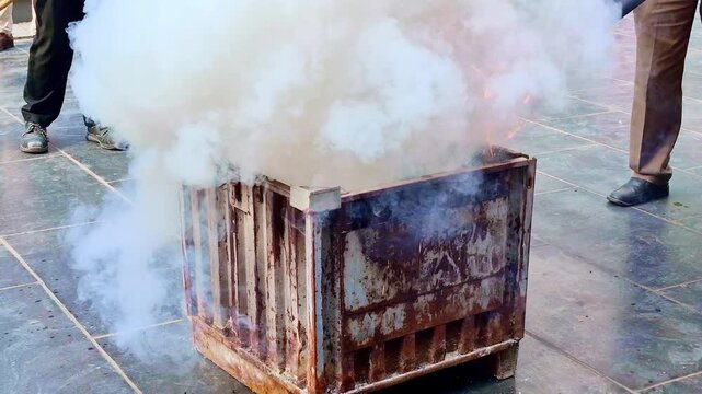 A rusted metal burn bin is engulfed in thick white smoke as a hose sprays water into it, subduing the fire while people stand nearby on the tiled ground overseeing the extinguishing process.