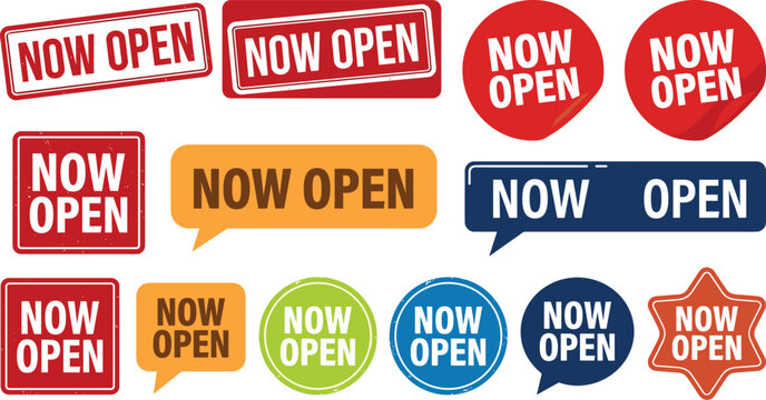 Now Open Badge Sticker Collection with Colorful Labels Speech Bubbles Stamps and Store Promotion Signs