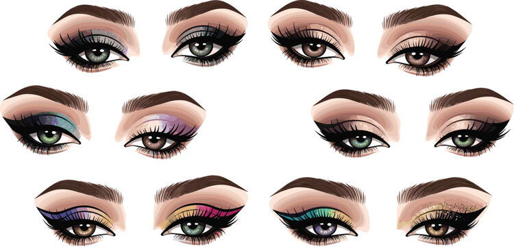 Stylish Female Eye Makeup Set with Eyeliner Eyeshadow Lashes and Beauty Vector Collection