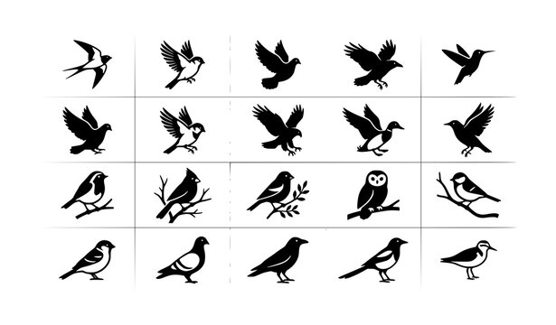 Flying and Sitting Bird Silhouette Icons Set Black Minimal Wildlife Vector Pack