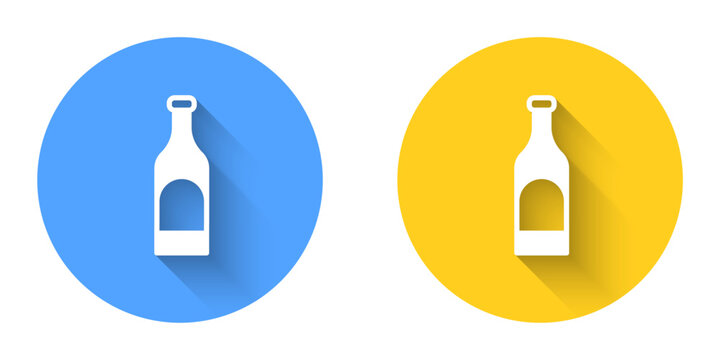 White Bottle of wine icon isolated with long shadow background. Circle button. Vector