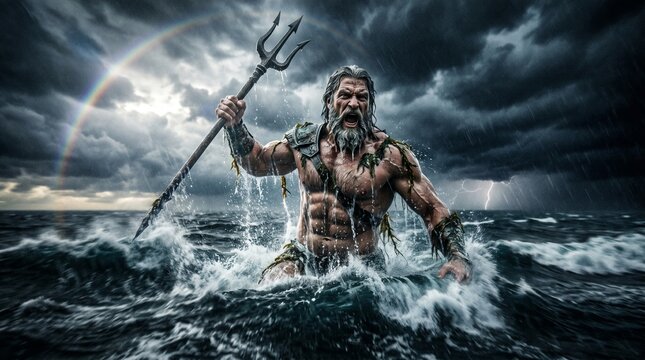 Powerful depiction of Poseidon amidst a stormy sea with a trident and rainbow