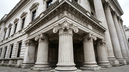 Fototapeta premium Grand neoclassical building facade with ornate columns and intricate architectural details in dramatic lighting