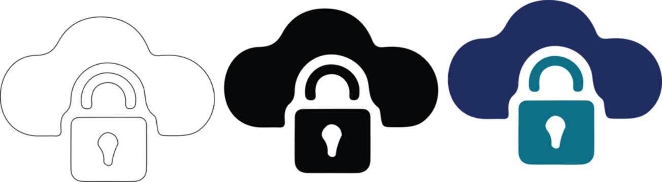 Secure Hosting Cloud icon set. Server protection symbol. Cyber security storage vector illustration. Cloud shield and padlock technology concept.