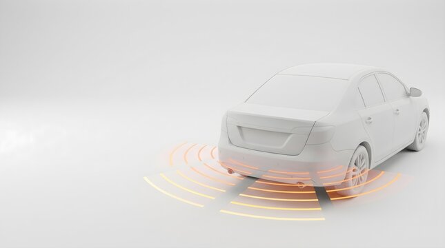 Rear view of white car with parking sensor waves detecting obstacles in autonomous driving system