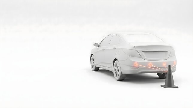 Rear perspective of modern car using parking assist sensors detecting cone obstacle