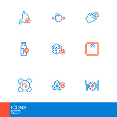 Fototapeta premium Set line Vegan food diet, No sugar free, Magnesium, Bathroom scales, Lactose intolerance, Finger blood and Calorie calculator icon. Vector