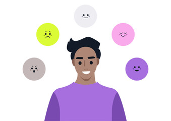 A young individual stands amid colorful circles symbolizing various emotions, showcasing a unique emotional spectrum that invites viewers to reflect on their own feelings and experiences. © nadia_snopek