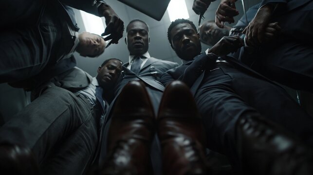 Businessmen in suits standing in circle looking down at camera. Team leadership, corporate unity, and business collaboration concept.
