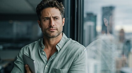 Obraz premium Serious male professional holding tablet by office window with city skyline. Business confidence, corporate leadership, and modern workplace concept.