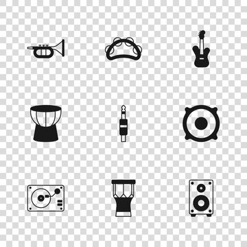 Set African percussion drum, Stereo speaker, Audio jack, Electric bass guitar, Trumpet, Tambourine and darbuka icon. Vector