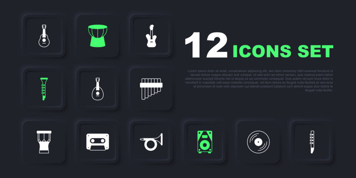 Set Vinyl disk, Flute, Mandolin, Stereo speaker, Clarinet, Retro audio cassette tape, African darbuka drum and Trumpet icon. Vector