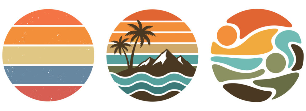 Retro vintage circular badges featuring sunset landscapes mountains and palm trees style.