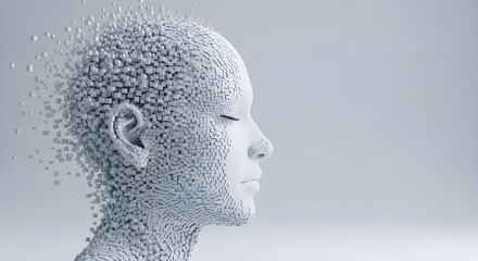 Obraz premium Conceptual representation of artificial intelligence and digital human consciousness with a head dissolving into small 3d cubes isolated on white background