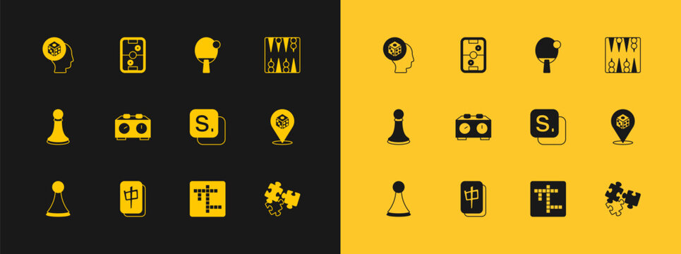 Set Backgammon board, Mahjong pieces, Bingo, Crossword, Time chess clock, Racket, Game dice and Air hockey table icon. Vector