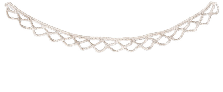 White crochet lace border with curved openwork pattern isolated on transparent background. Decorative trim element for design mockup, invitation, textile projects, or vintage style overlays.
