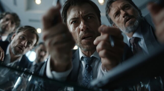 Angry businessman pointing finger at camera with team behind him. Corporate conflict, workplace confrontation, and demanding leadership concept.