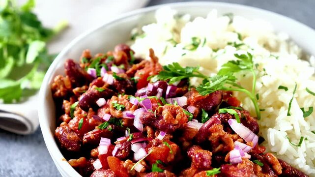 delicious chili con carne served with white rice and red onions
