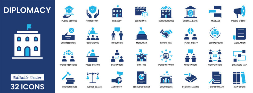 Political icon set. Government, democracy, election, voting, diplomacy, parliament, campaign, civic rights, constitution, referendum. Solid icon collection. Vector illustration.