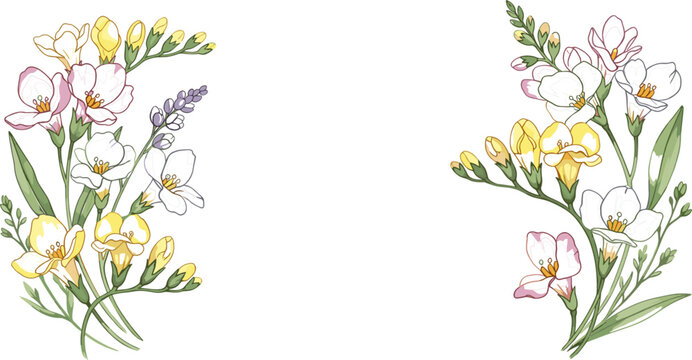 Watercolor Freesia Floral Border with Pastel Blossoms Green Leaves and Elegant Botanical Side Frame Design for Wedding Invitations