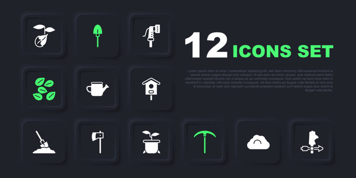 Set Cloudy weather, Rooster vane, Watering can, Pickaxe, Seeds of specific plant, Wooden, Shovel and Plant pot icon. Vector