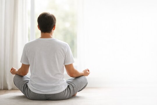 Man sitting in a lotus position on the floor, practicing meditation in a bright room with white curtains and natural light from a window