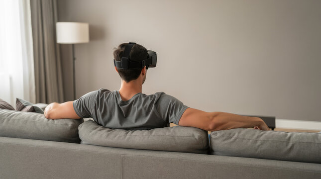 Man wearing a black virtual reality headset sitting on a grey sofa in a living room with his arms resting on the back cushions, rear view perspective