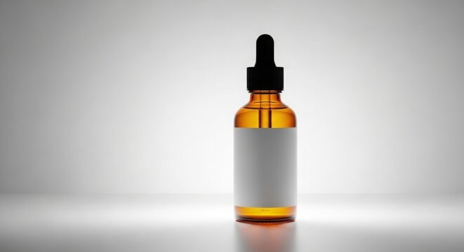 Amber glass dropper bottle with blank label for cosmetic serum or essential oil product packaging design