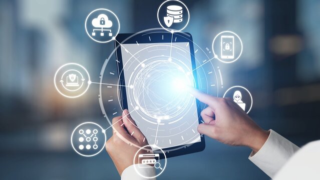 Data privacy and cyber security icons show encryption, data privacy safeguards, and cyber security defense. Data privacy ensures cyber security protection and access control. Gist
