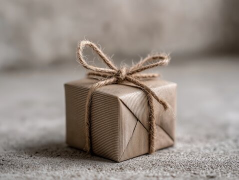Small square gift box wrapped in brown paper and tied with simple rustic twine bow knot
