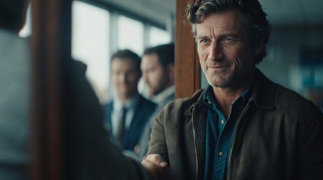 Middle-aged man in casual jacket standing confidently in office doorway with colleagues blurred behind. Leadership, workplace confidence, and professional trust concept.