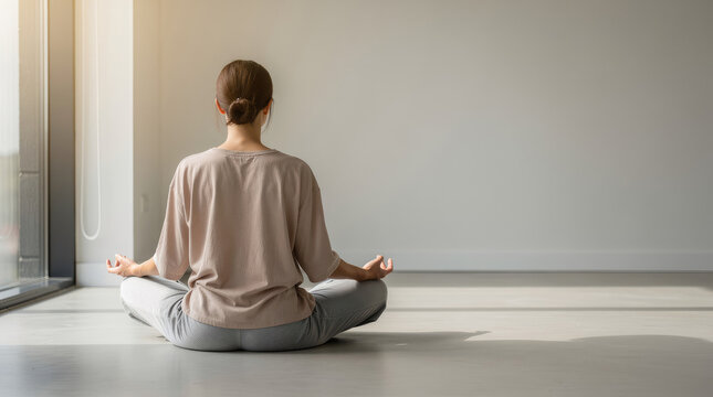 Woman sitting in a cross-legged lotus position on the floor practicing meditation in a bright minimalist room with natural light and shadows