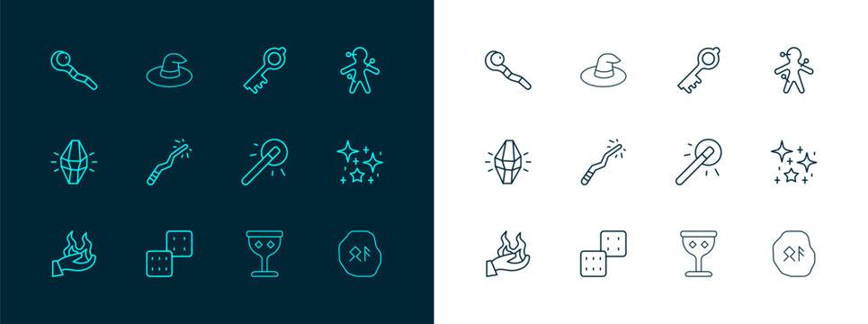 Set line Voodoo doll, Game dice, Magic wand, Medieval goblet, Old magic key, staff and Witch hat icon. Vector
