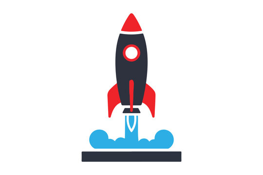 A rocket ship taking off with flames and smoke on a launchpad