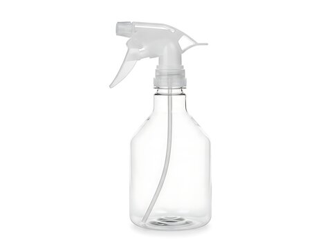 A clear spray bottle with a white spray nozzle