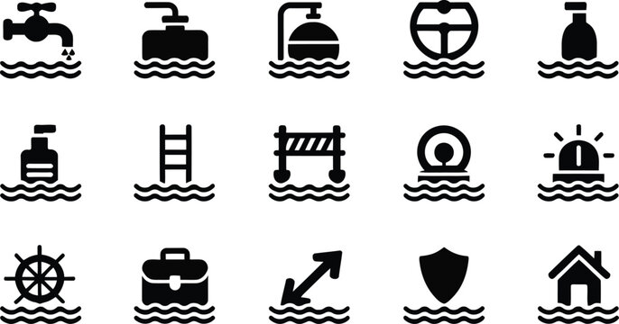 Flood prevention, and water safety icons, black vector collection featuring warning symbols life jackets barriers water levels and emergency signs for safety awareness design.