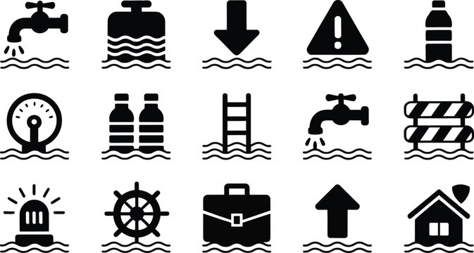 Flood prevention, and water safety icons, monochrome vector set with warning signs life jackets barriers and water level indicators for emergency preparedness and safety graphics.