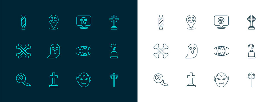 Set line Tombstone with cross, Vampire teeth, Ghost, Skull, Candy and Happy Halloween holiday icon. Vector