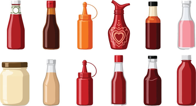 Assorted condiment bottles and containers set Vector