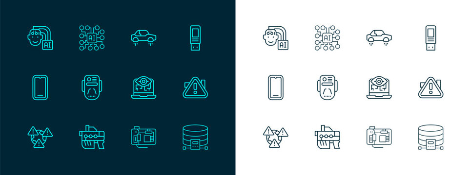 Set line USB flash drive, Futuristic weapon, Computer vision, Motherboard, Artificial intelligence robot, Fantastic flying car, Humanoid and Neural network icon. Vector
