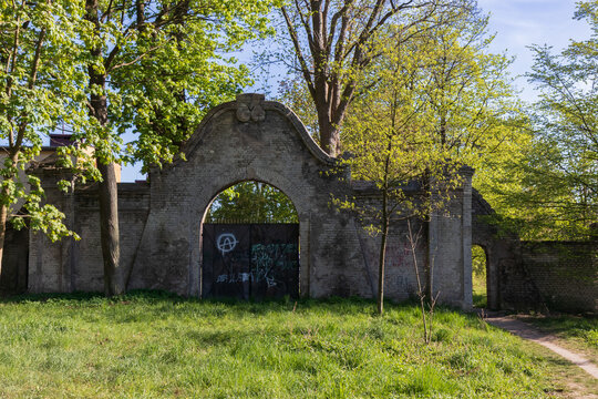 Historic entrance gate to the Raczynski Palace park in Zloty Potok, Jura Krakowsko-Czestochowska, Poland.