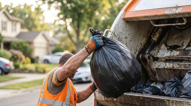A male waste collector in an orange vest lifts a black garbage bag into a truck. The scene is set in a residential area with trees and houses in the background.